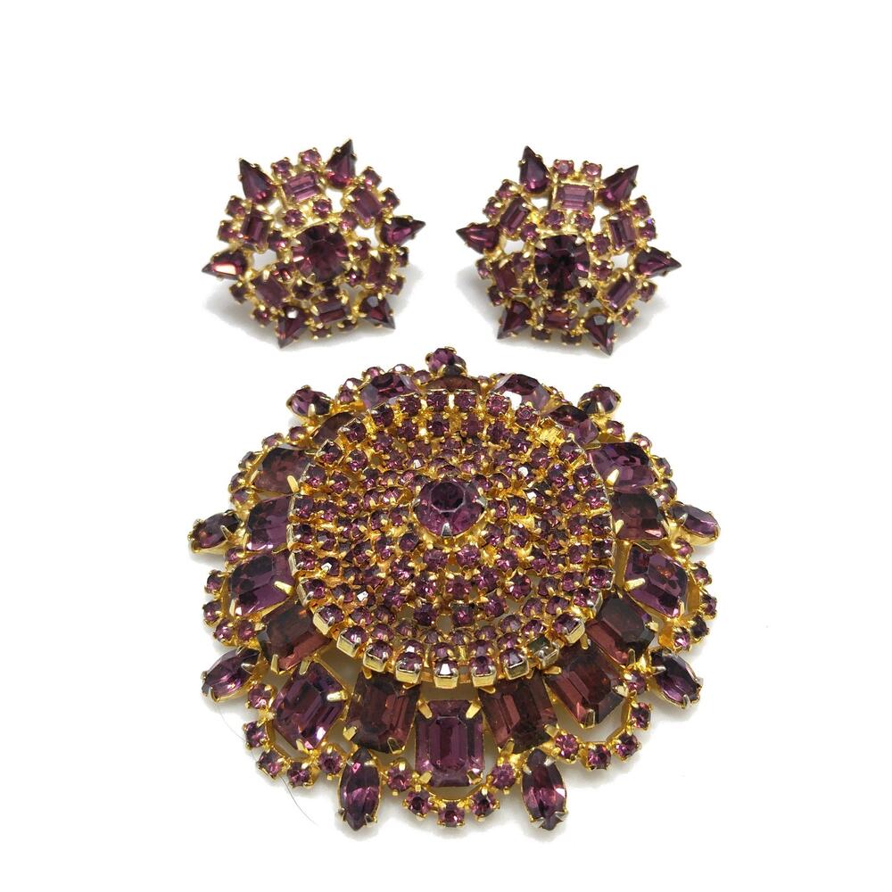 Vintage Purple Rhinestone Domed Brooch Earrings Set Gold Tone